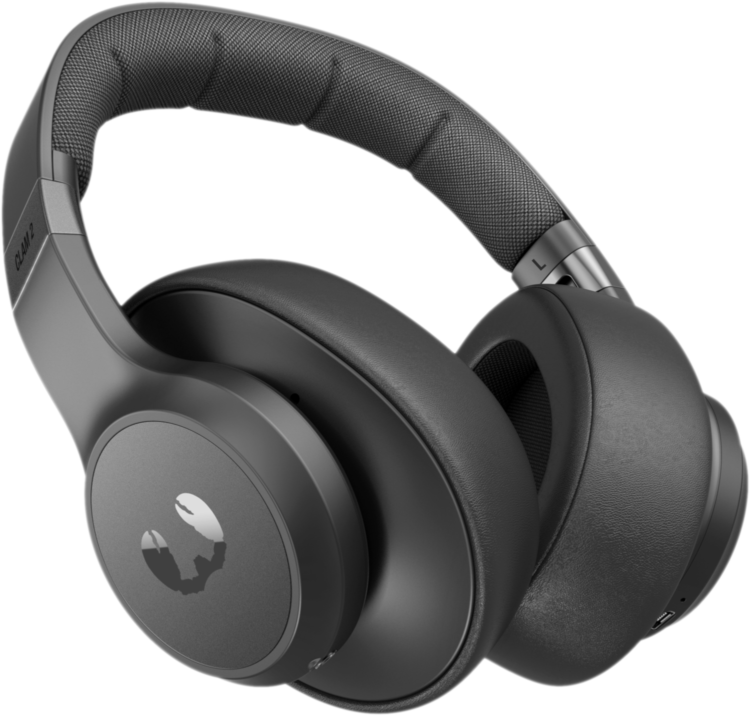 Casque noir avec un bandeau et des oreillettes rembourrés. L'écouteur gauche a un logo.