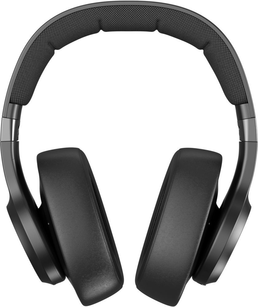 Casque noir, écouteurs visibles. L'arceau relie les écouteurs.