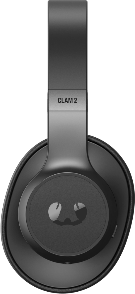 Casque noir avec 'CLAM 2' sur le bandeau, écouteurs avec un logo et un bouton de commande.