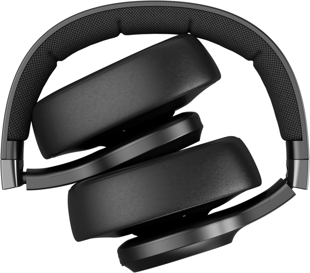 Casque noir plié, avec bandeau rembourré et écouteurs, vue en angle.
