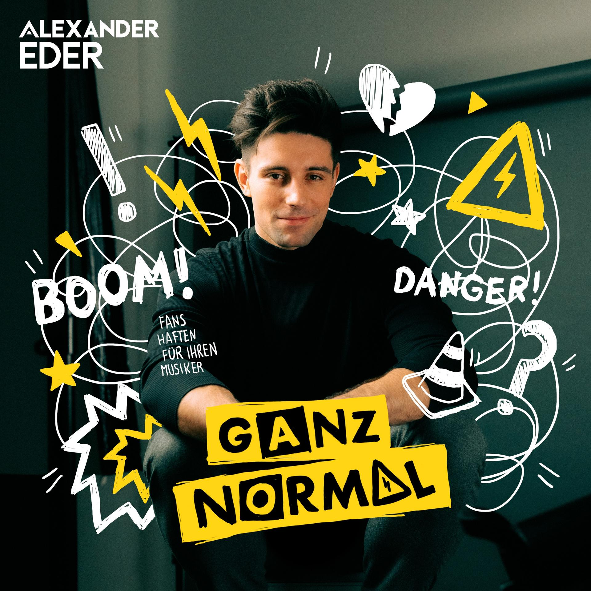 Mann mit Kritzeleien von Blitzen, Sternen und Wörtern wie 'BOOM!' und 'DANGER!' auf gelbem Grund.