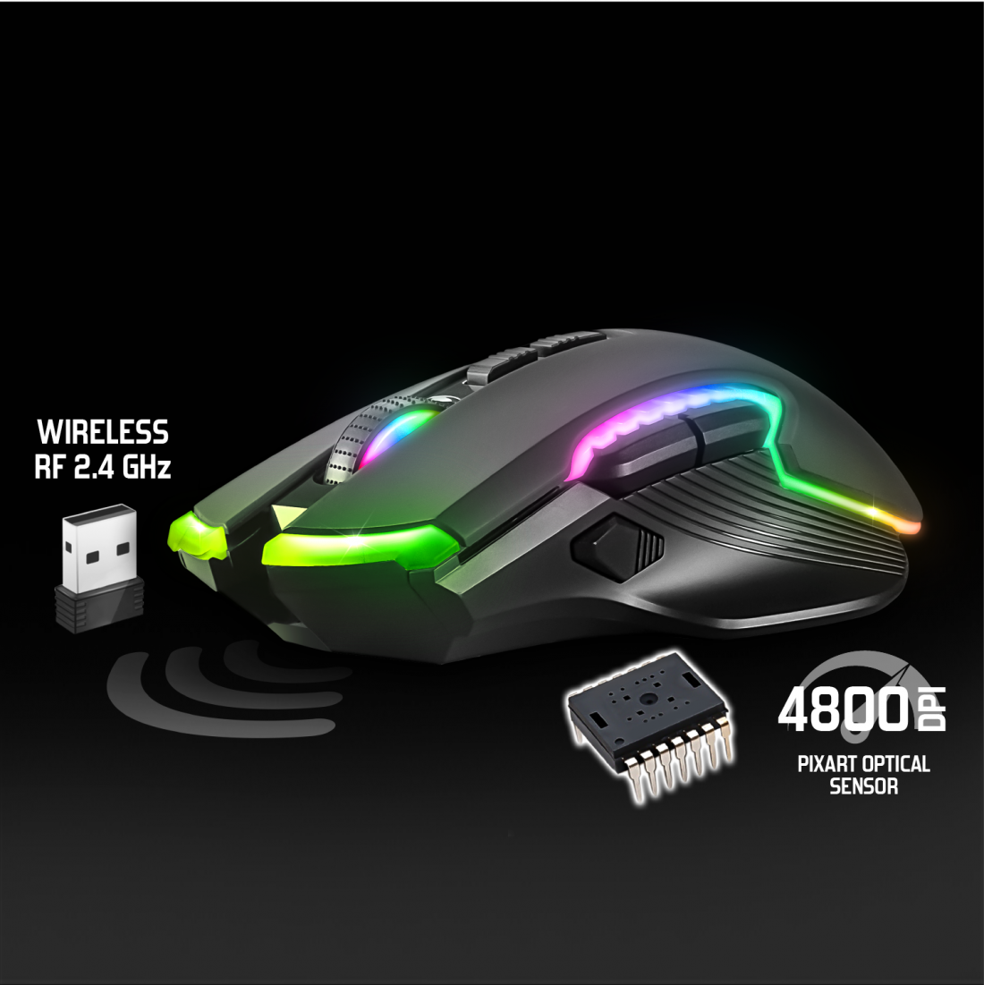 Egy fekete gamer egér RGB világítással, vezeték nélküli vevővel és érzékelő chippel. A szöveg a 'wireless RF 2.4 GHz' és a '4800 DPI' feliratot mutatja.