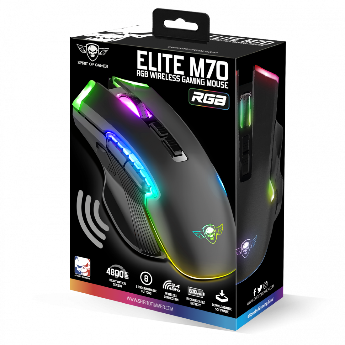 Egy fekete gamer egér a dobozában. Az egér RGB-világítással rendelkezik, a dobozon pedig az olvasható: 'ELITE M70 RGB Wireless Gaming Mouse'.