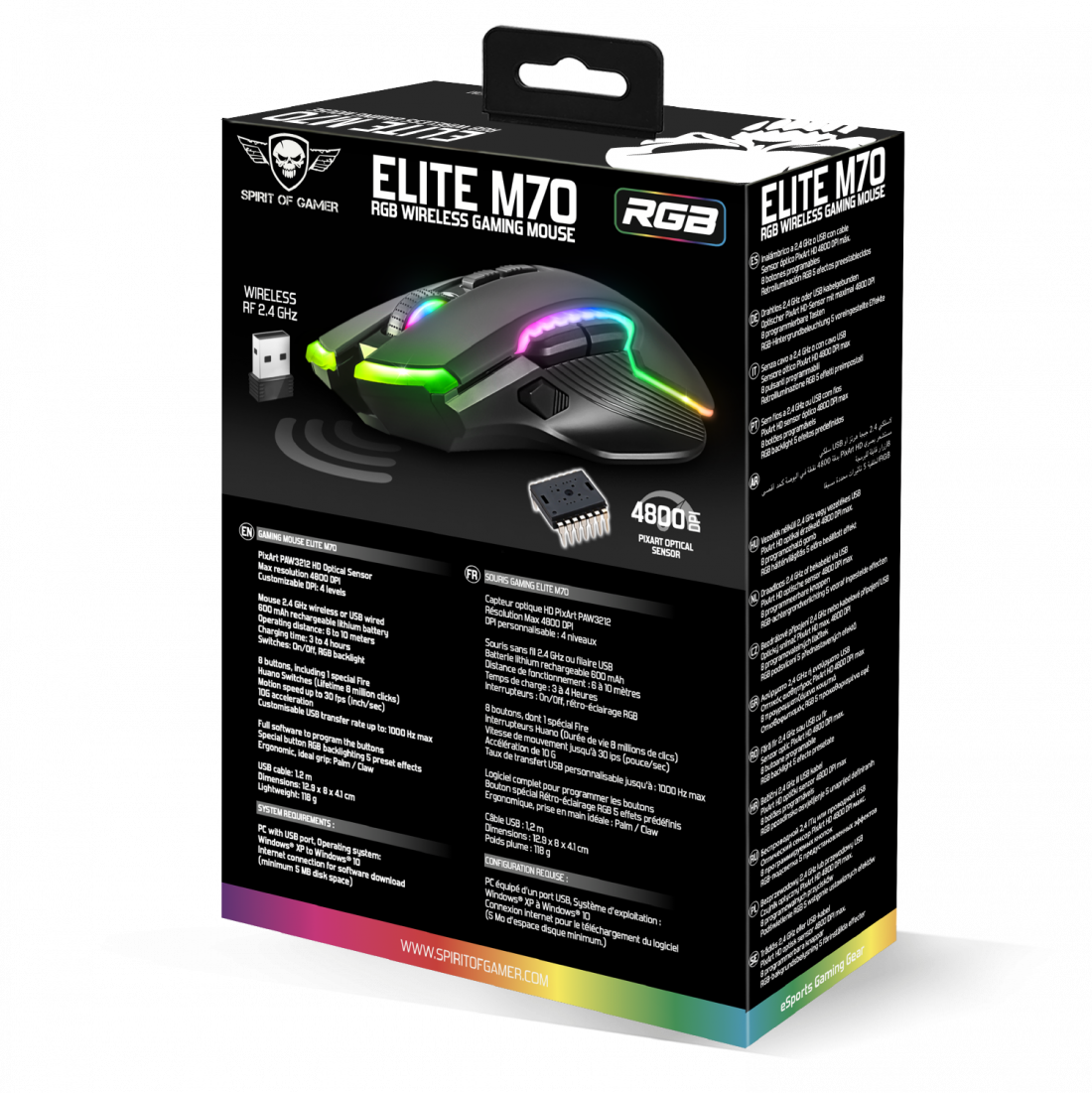 Fekete-szürke gamer egér RGB lámpákkal, doboz részletekkel.