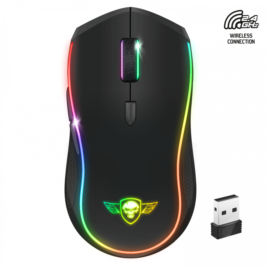 Fekete gaming egér RGB-világítással és USB-vevővel, koponya logó, fekete háttér.