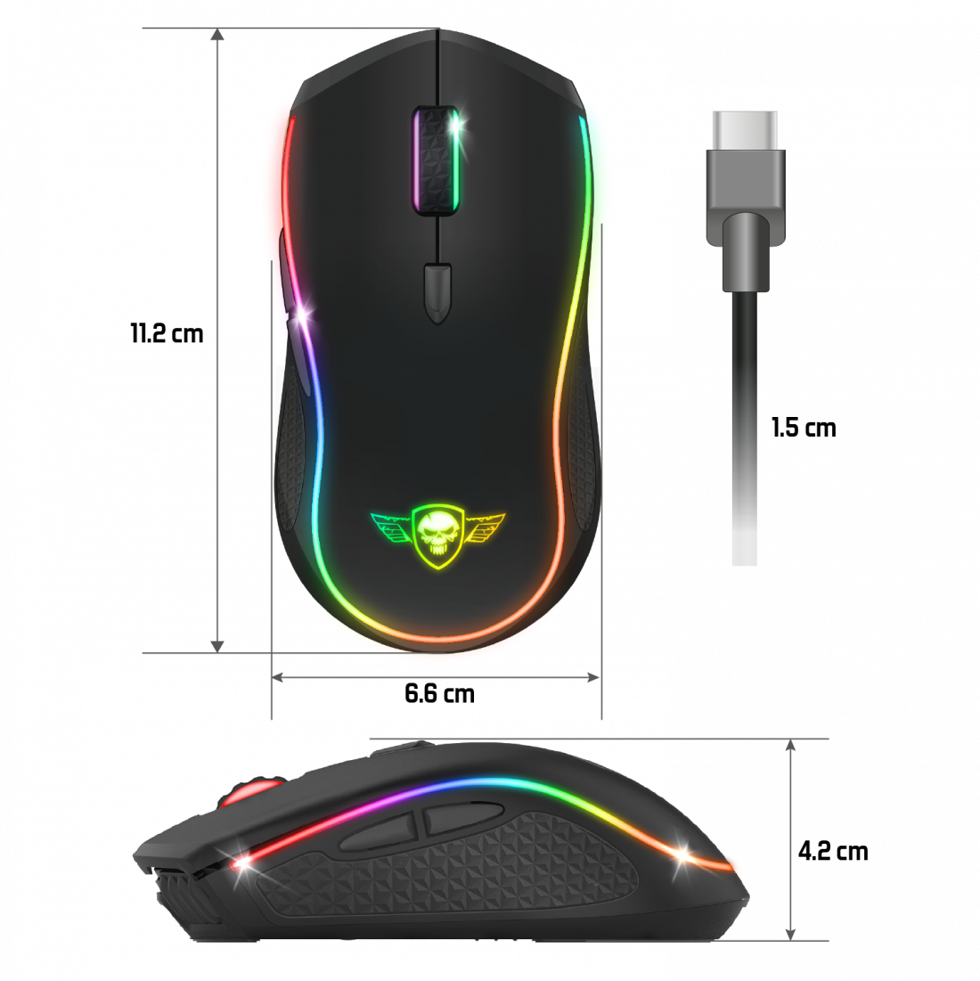 Fekete gamer egér RGB világítással. Koponya logóval és USB-C kábellel.