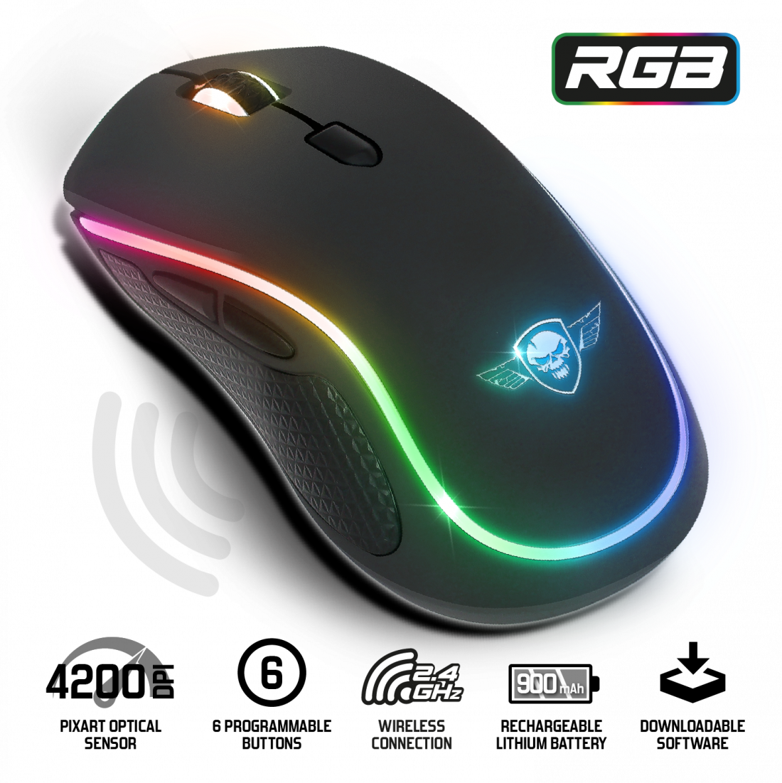 Fekete RGB gamer egér koponya logóval. Vezeték nélküli kapcsolat és 900 mAh-s akkumulátor.