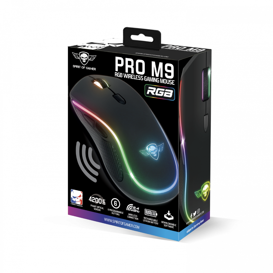 Egy gaming egér a dobozában, fekete, RGB világítással. A doboz az egeret és a funkcióit mutatja.