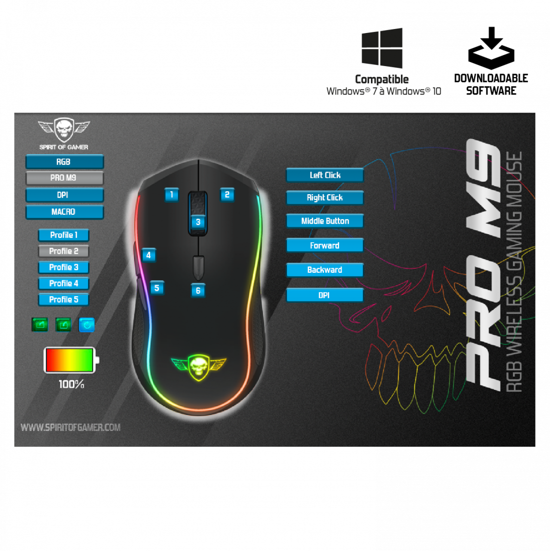 Pro M9 gamer egér RGB-vel, gombokkal és akkumulátor-jelzővel, fekete háttéren, logóval és funkciókkal.