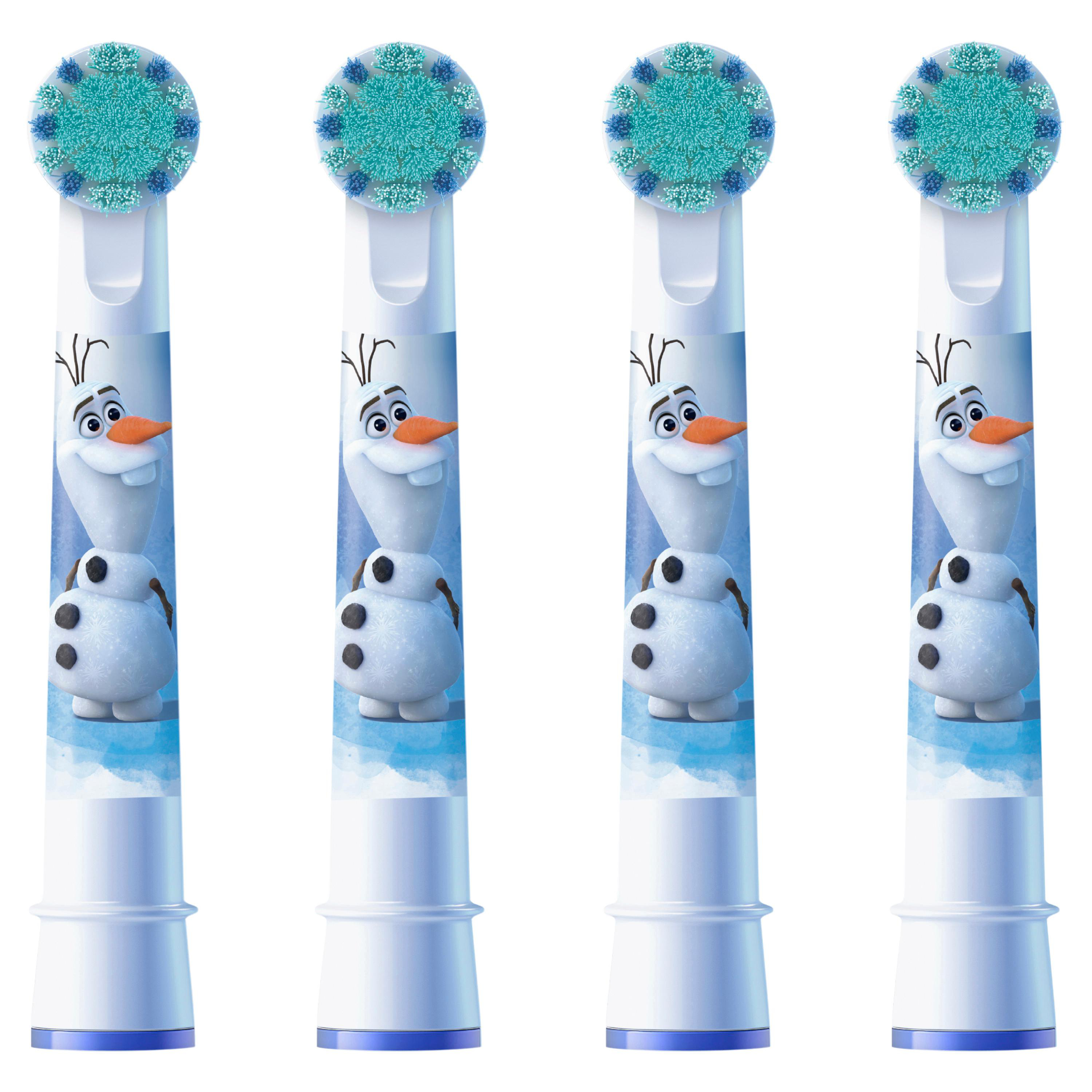 Vier Zahnbürstenköpfe mit Olaf aus Frozen, weiß und hellblau mit tealfarbenen Borsten.