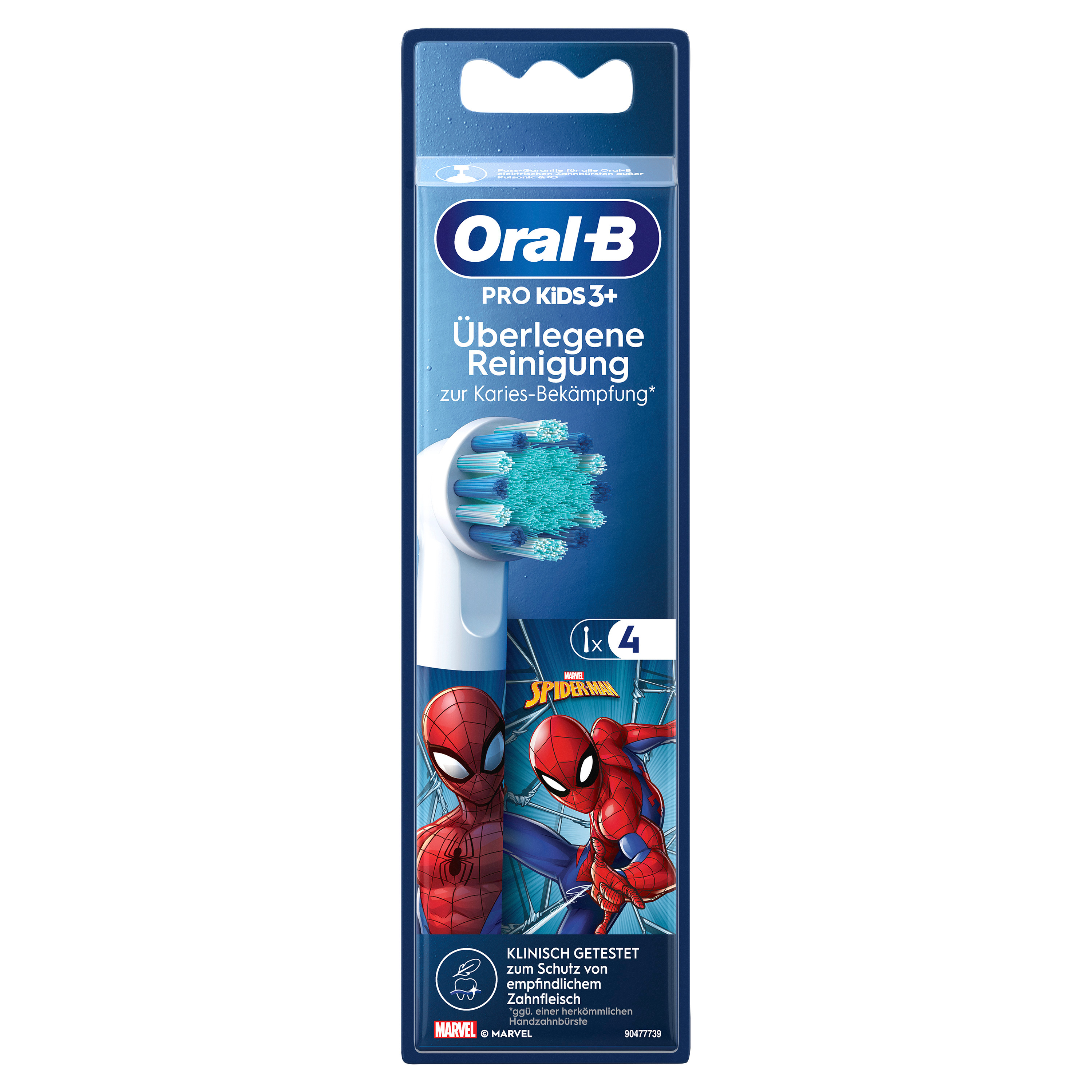Zahnbürstenkopf mit Spider-Man-Verpackung. Weiße und blaue Borsten, Nahaufnahme.