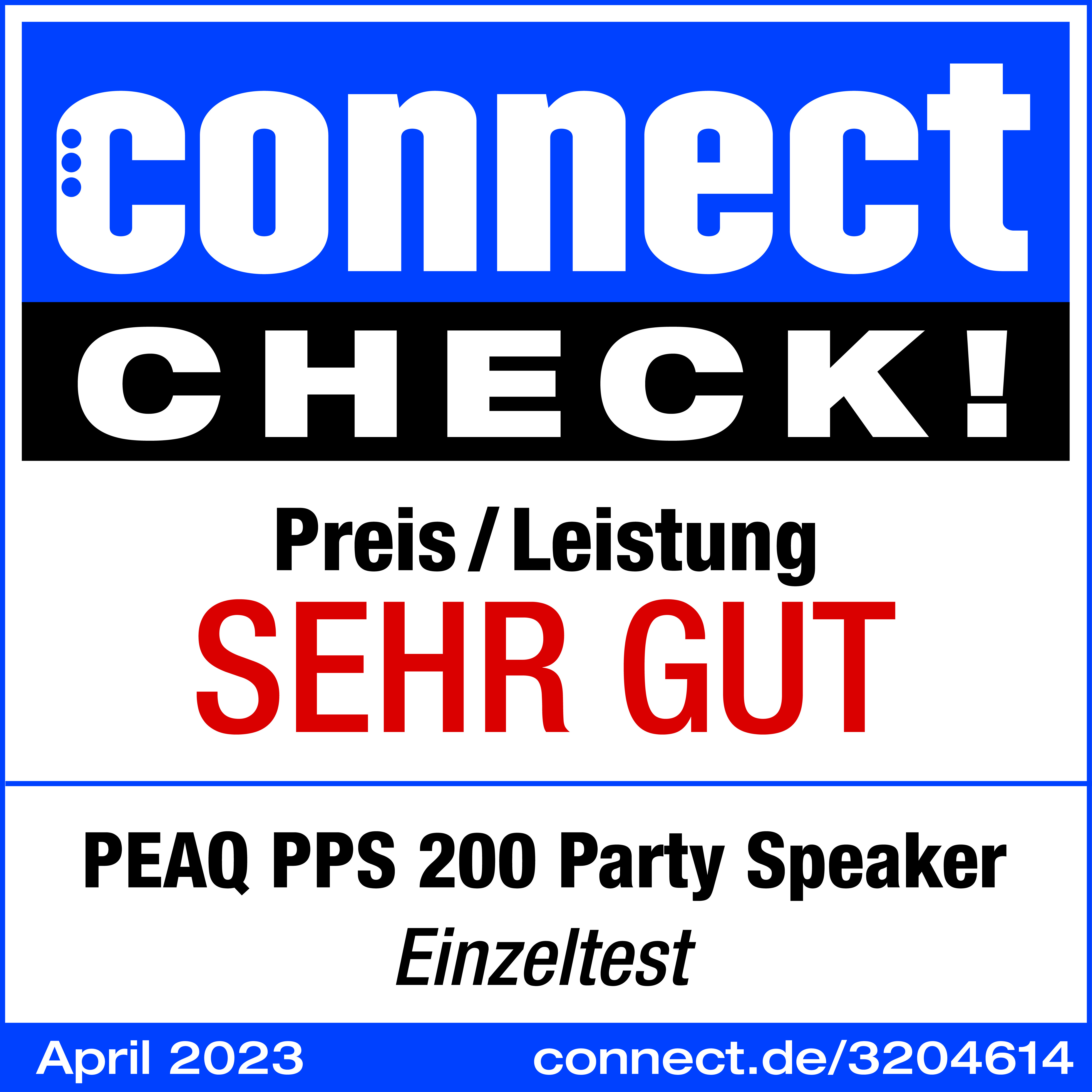 Connect Check! 'SEHR GUT', PEAQ PPS 200 Party Speaker, April 2023, weißer Hintergrund.