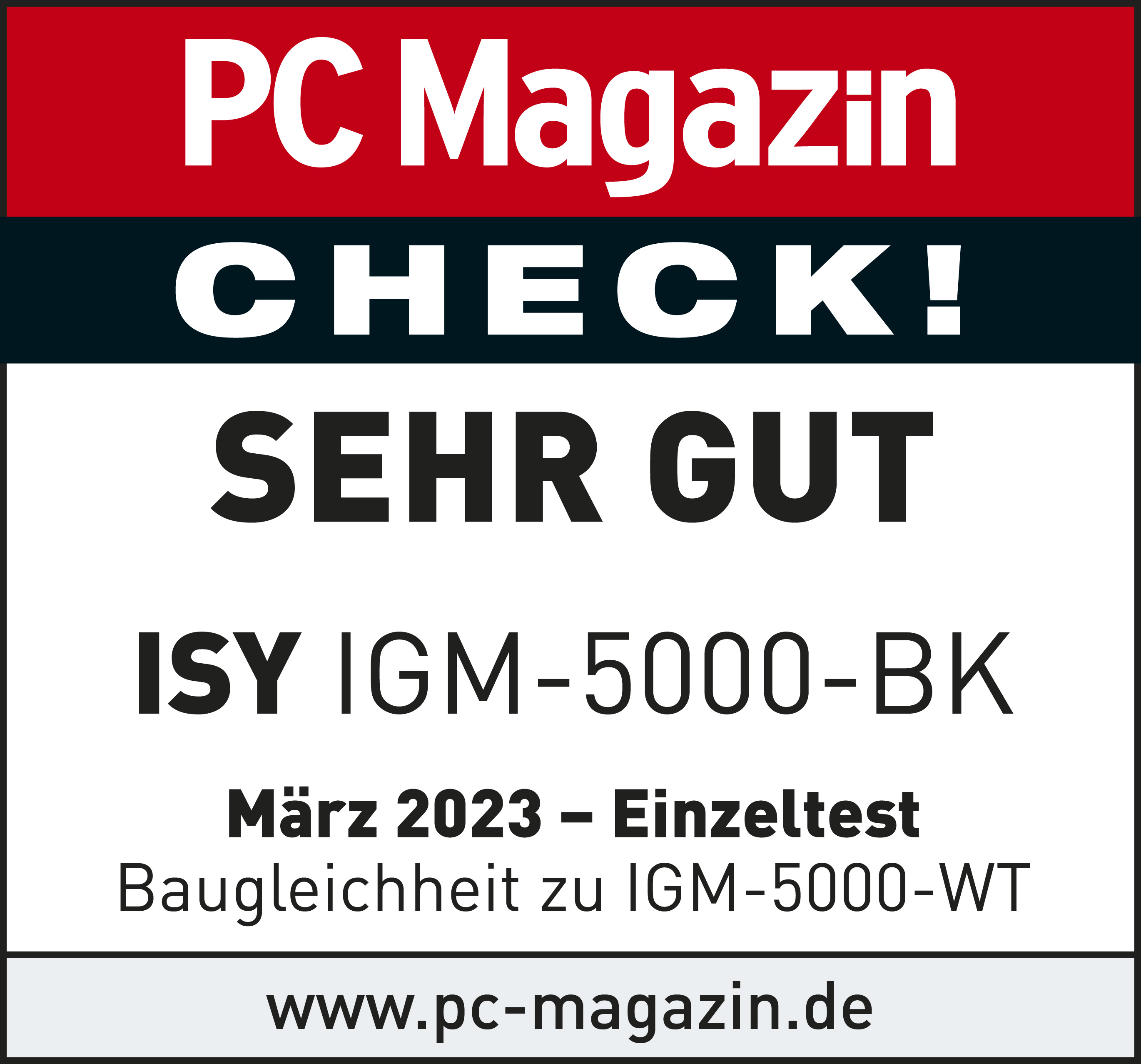 Ein Zeitschriften-Cover mit deutschem Text, das ein ISY IGM-5000-BK-Produkt bewertet.