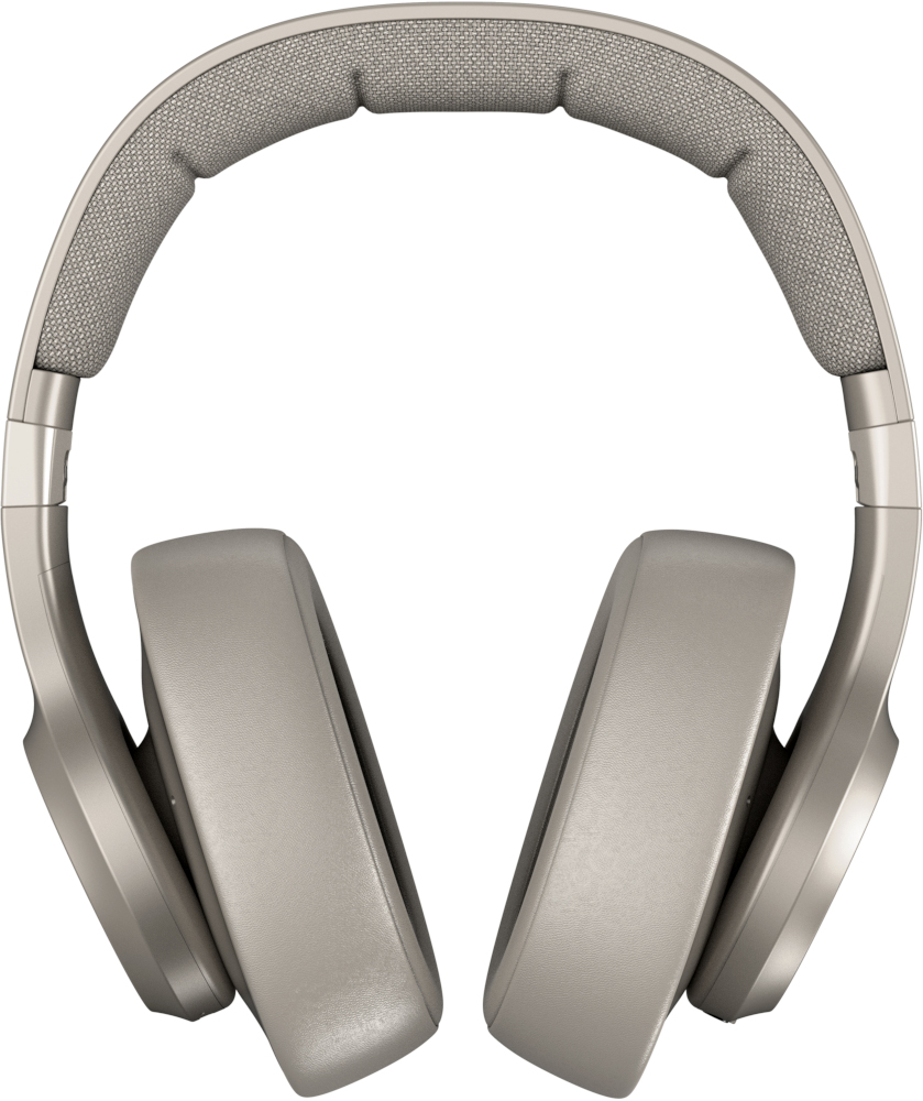 Hoofdtelefoon, bovenaanzicht. Beige oorschelpen met een gewatteerde hoofdband. Zilver metallic design.
