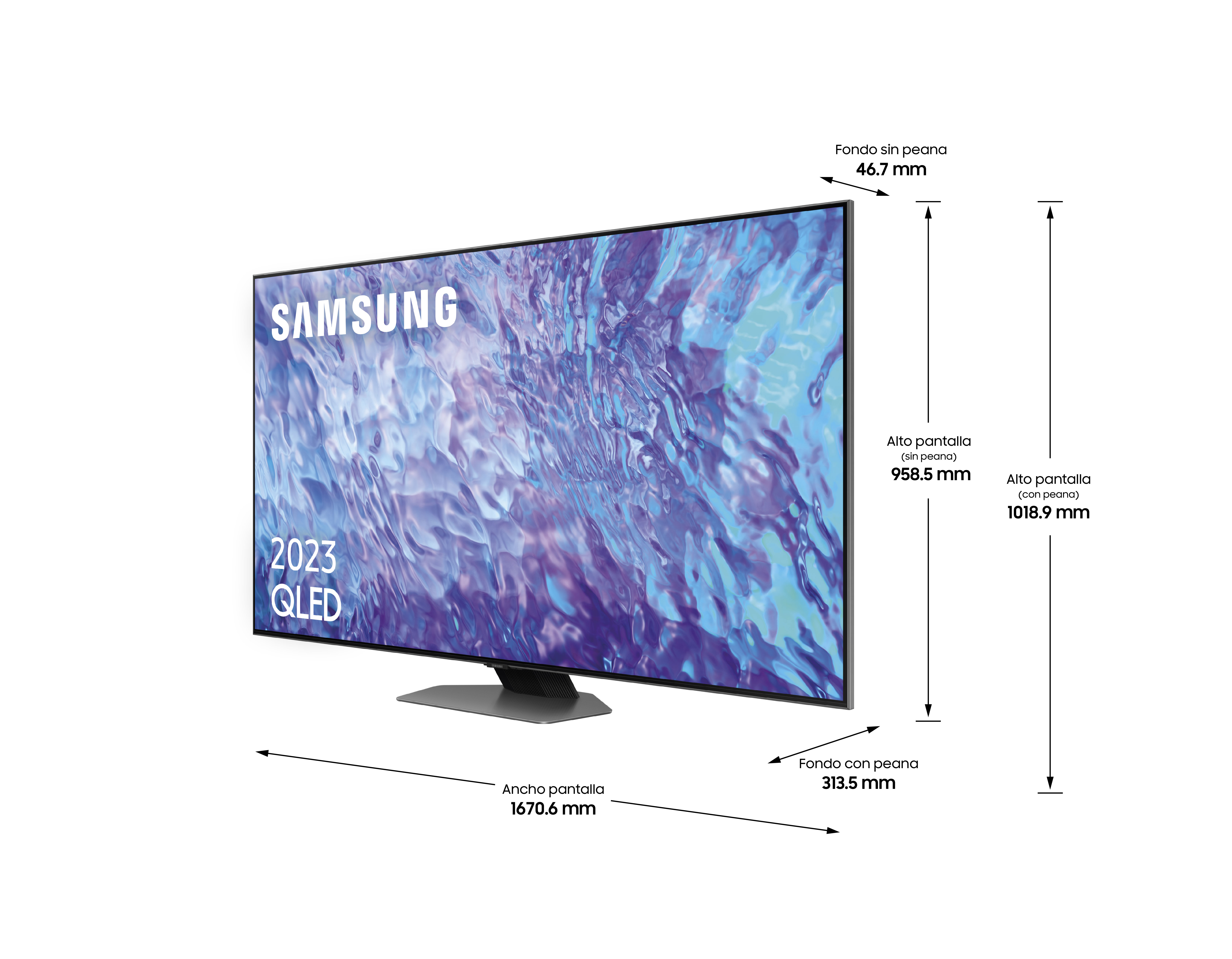 Un televisor de pantalla plana con dimensiones, mostrando un diseño moderno sobre un fondo borroso.