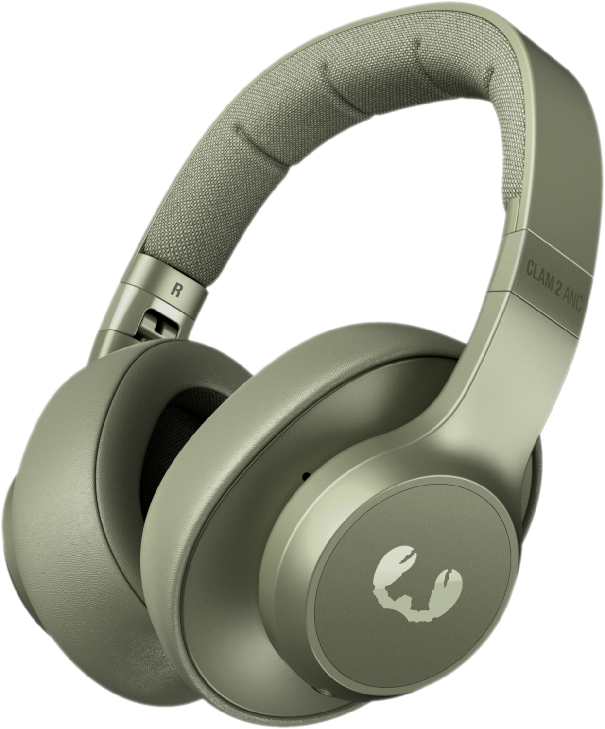 Casque sans fil vert olive. Comporte un logo crabe sur l'écouteur.