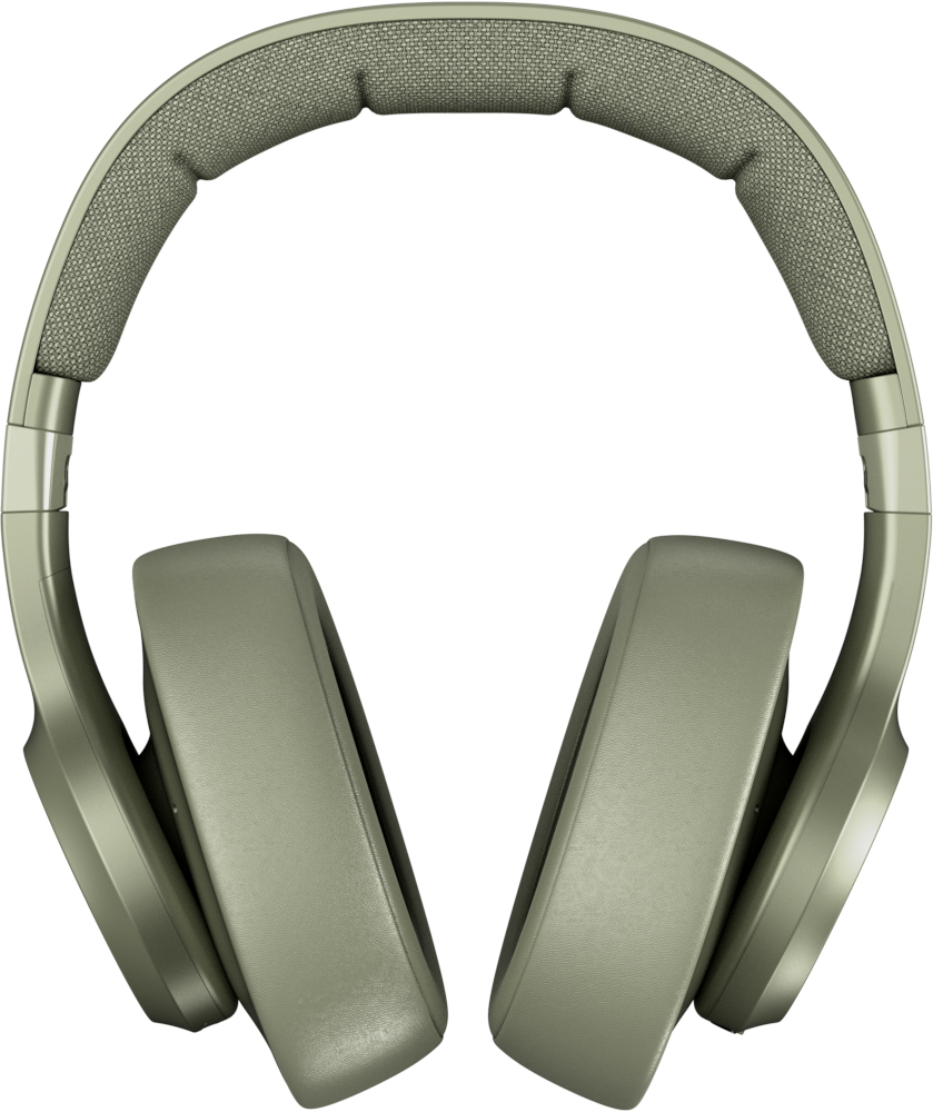 Casque audio. Vert olive et noir avec coussinets. Fond noir.