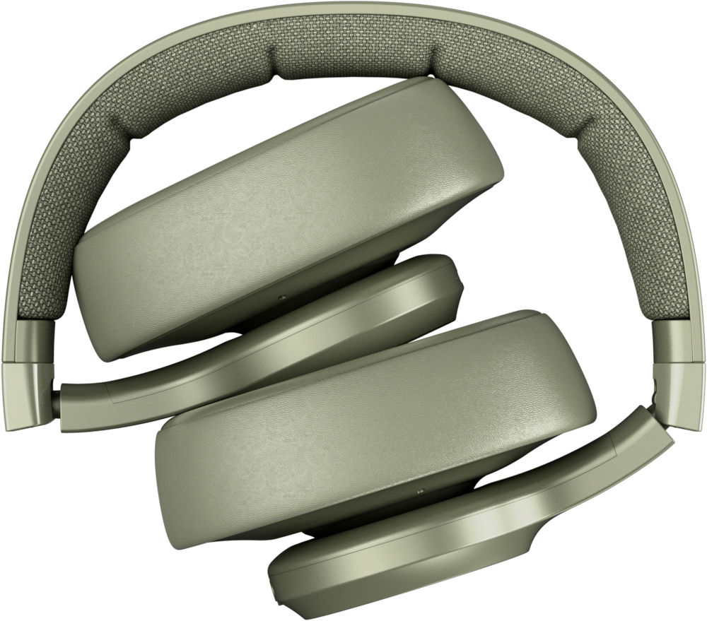 Un casque pliable de couleur claire. Les oreillettes et le bandeau sont visibles.