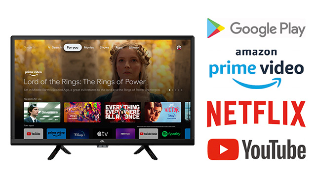 A TV képernyőjén egy műsor látható, valamint a Google Play, az Amazon Prime, a Netflix és a YouTube logói.