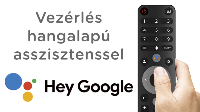 Egy távirányító a 'Hey Google' felirattal, és egy kéz rajta.