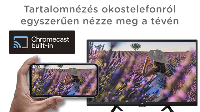 A telefonon egy TV látható, rajta egy nővel. A Chromecast logó a sarokban.