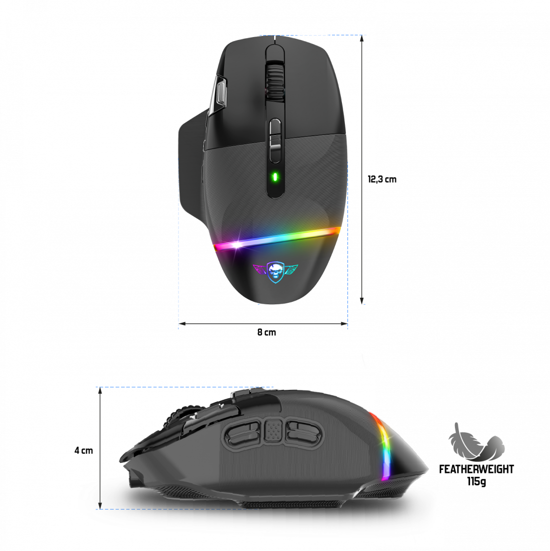 Egy fekete gamer egér. Van rajta egy LED-csík, gombok és egy koponya logó.