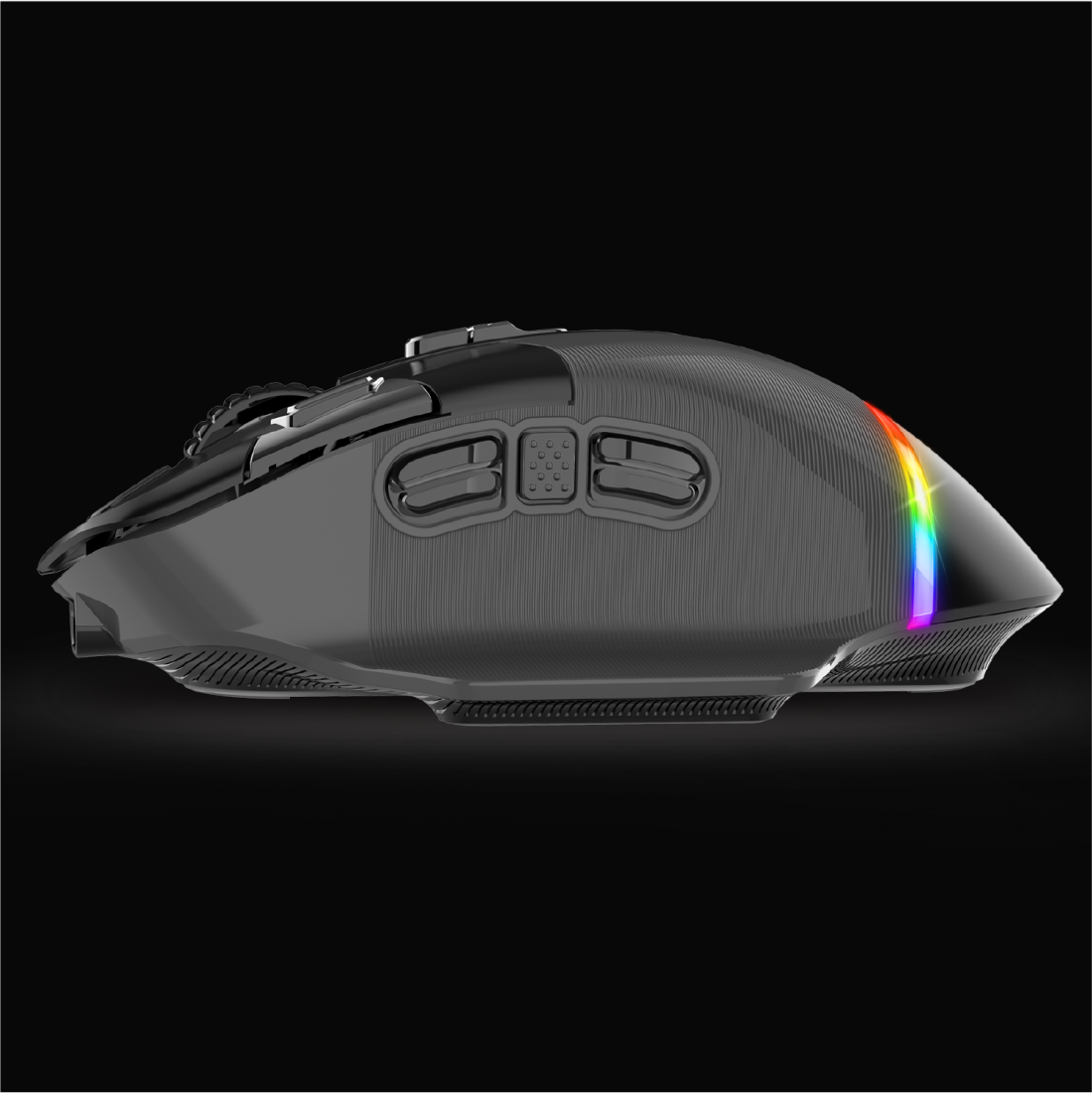 Fekete gamer egér oldalsó gombokkal és színes LED-csíkkal.