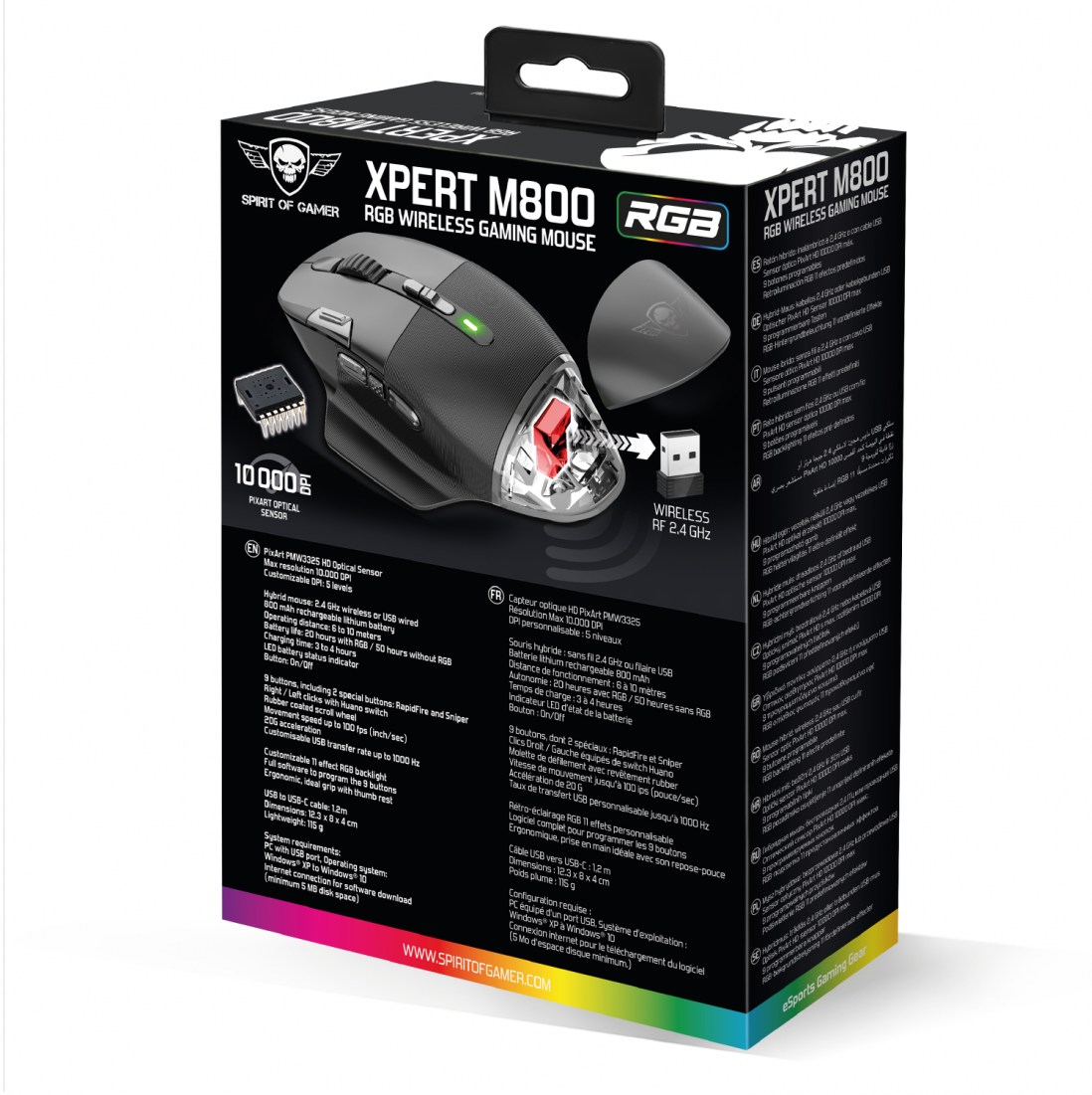 Gaming egér doboz: XPERT M800. Fekete-fehér, sok funkcióval és egy diagrammal.