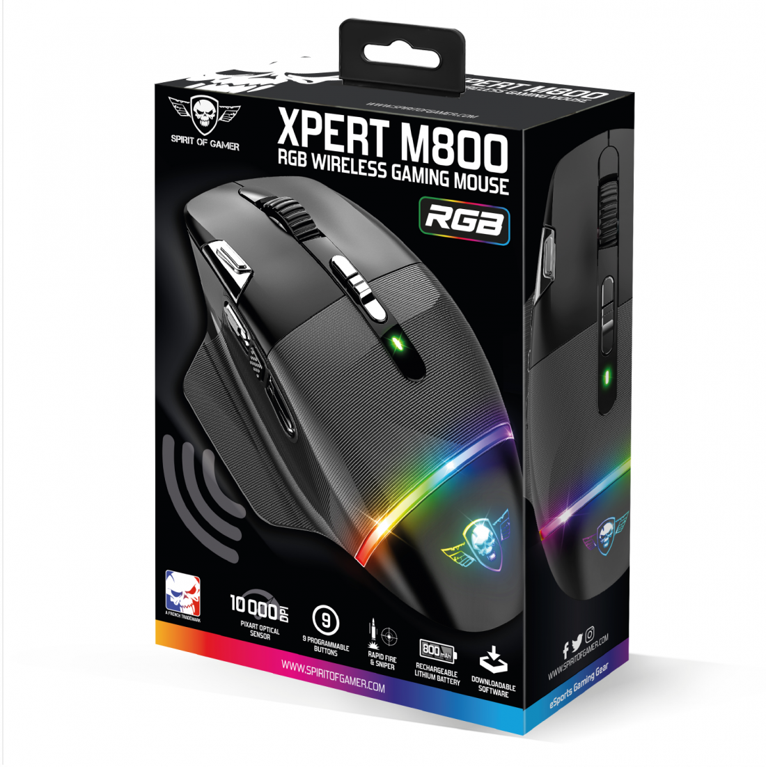 Gaming egér egy dobozban. Fekete, RGB világítással és több gombbal.