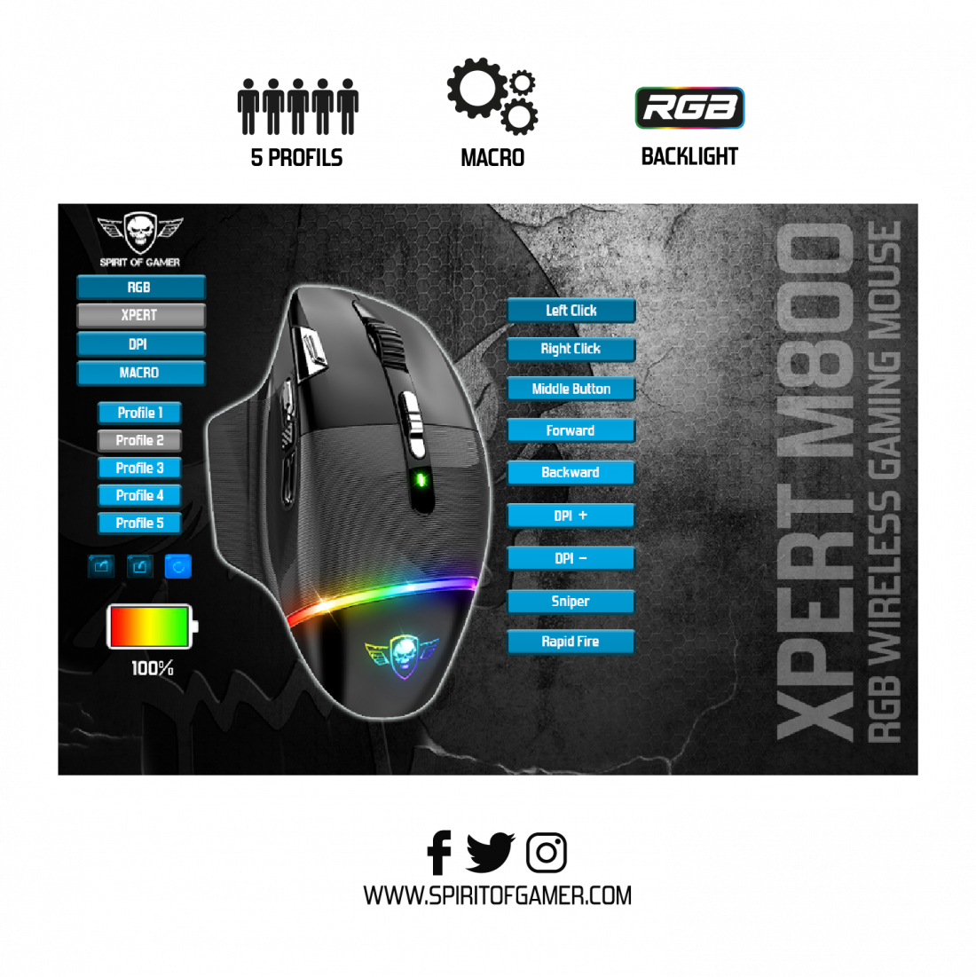 Xpert M800 vezeték nélküli gaming egér RGB világítással és különféle beállításokkal.