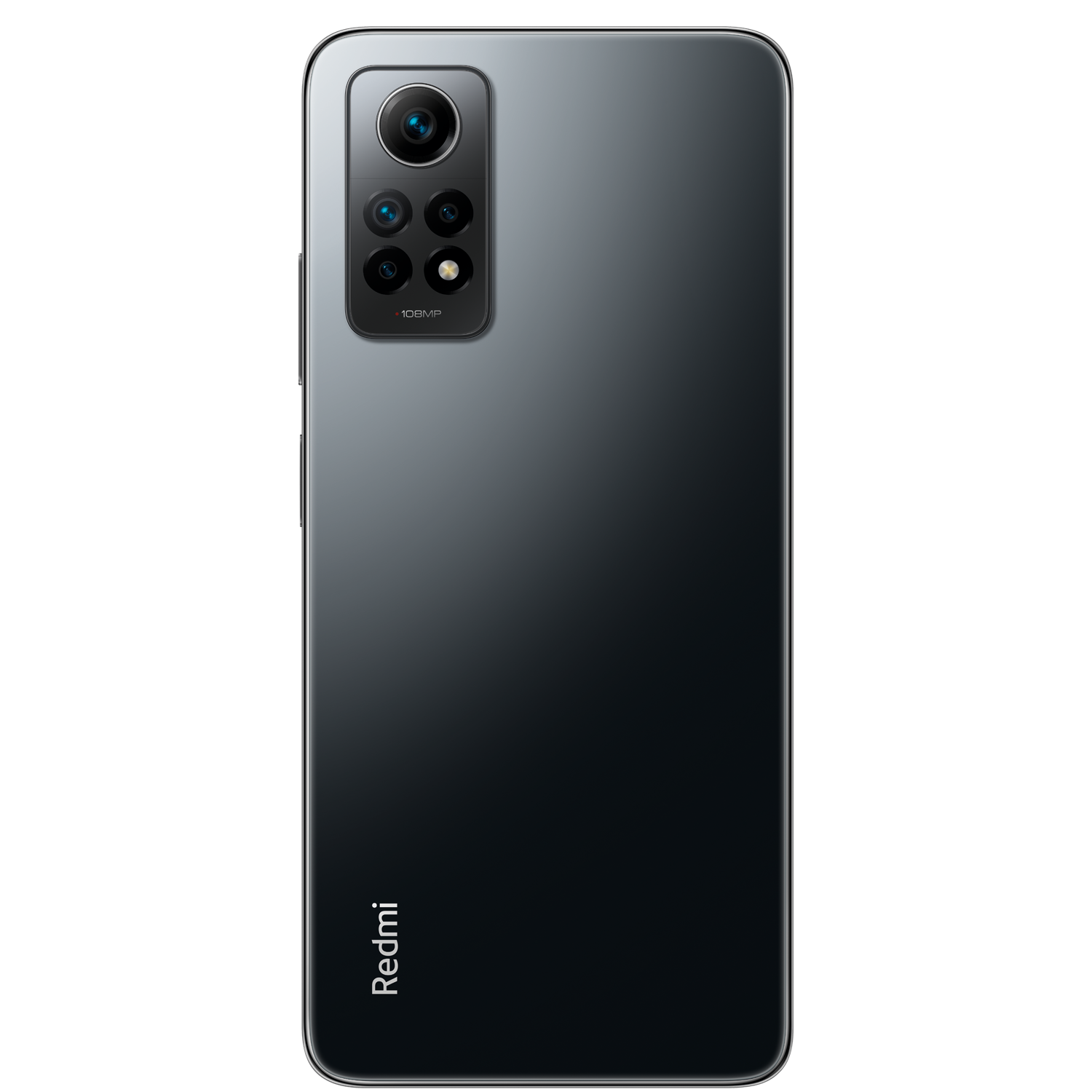 Smartphone negro con múltiples cámaras y el logo Redmi sobre fondo negro.