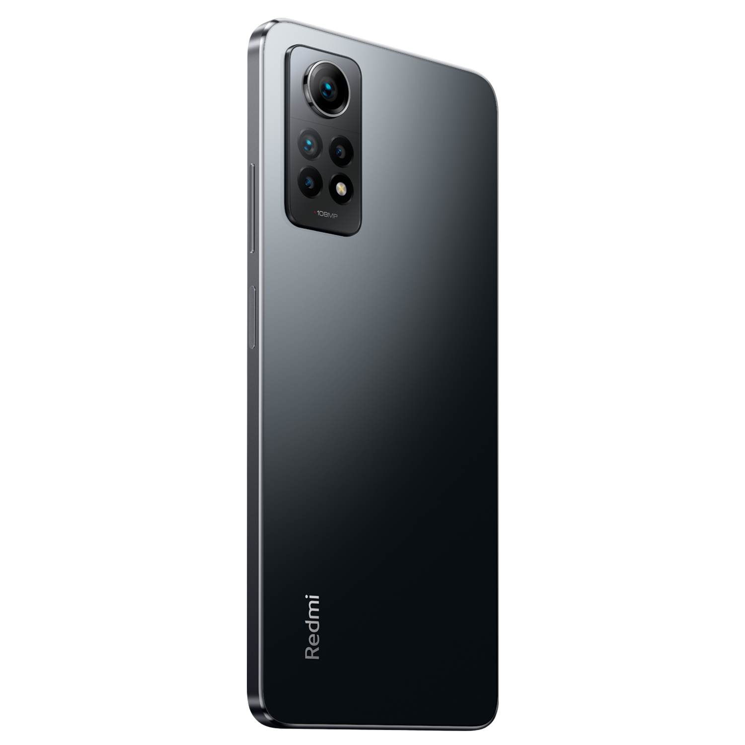 Un smartphone gris oscuro con un módulo de cámara sobre un fondo negro.