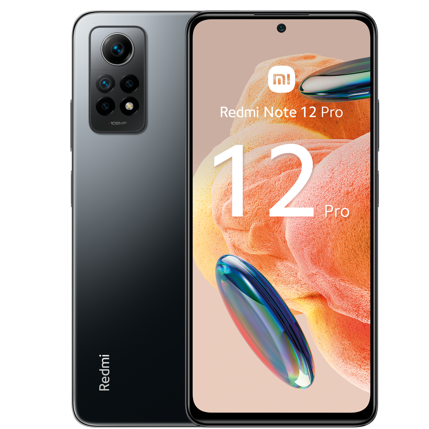 Teléfono Redmi Note 12 Pro, vista frontal y trasera, con configuración de cámara.
