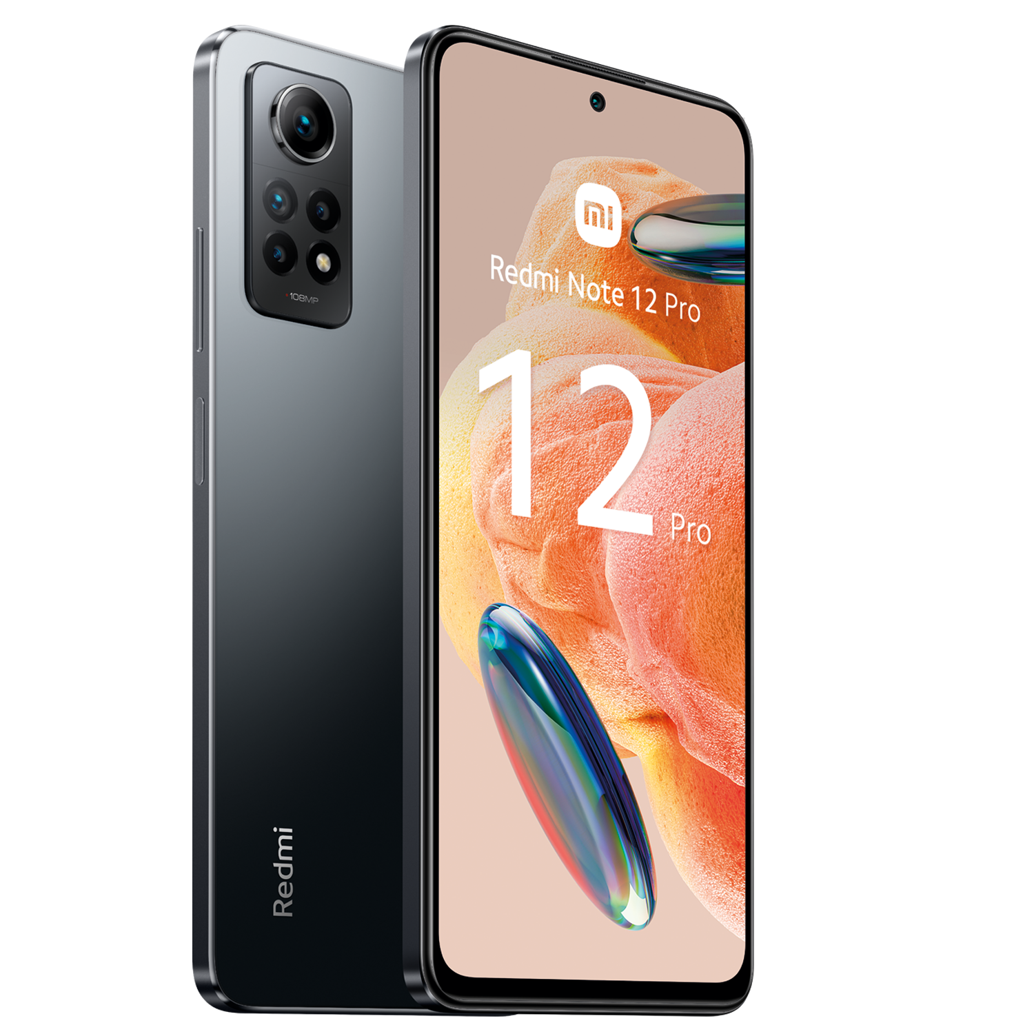 Un smartphone Redmi Note 12 Pro negro y gris, con una matriz multicámara.