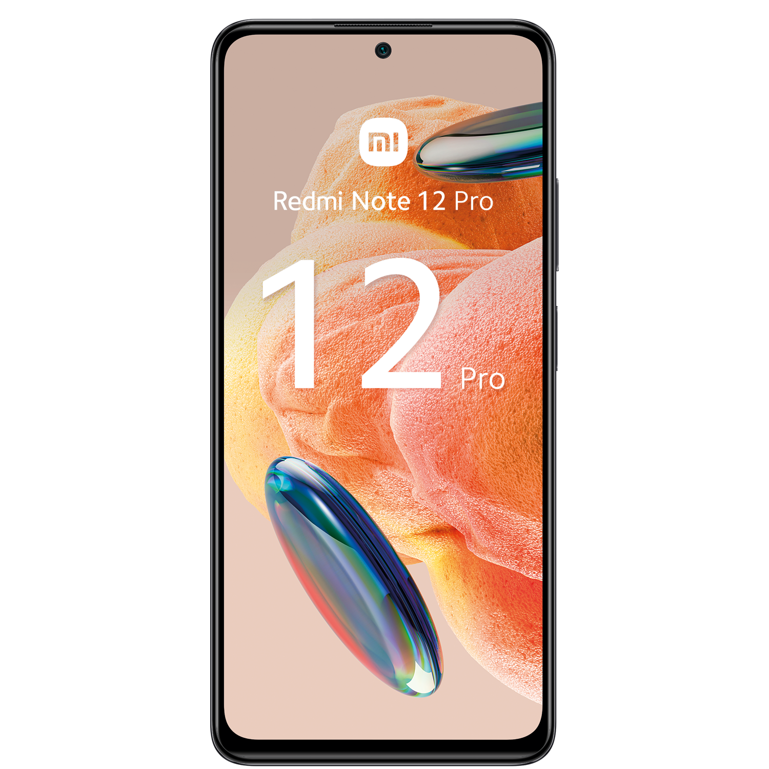 Un smartphone con una gran pantalla que muestra 'Redmi Note 12 Pro' con un degradado colorido.