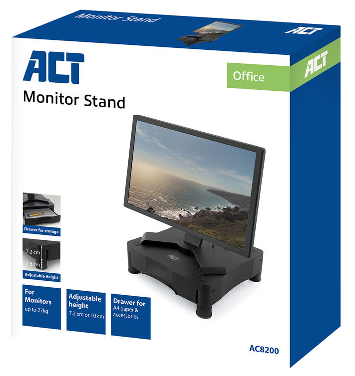 Egy fekete monitortartó doboz. Egy monitor a tartó tetején. A dobozon képek és szöveges leírások vannak.