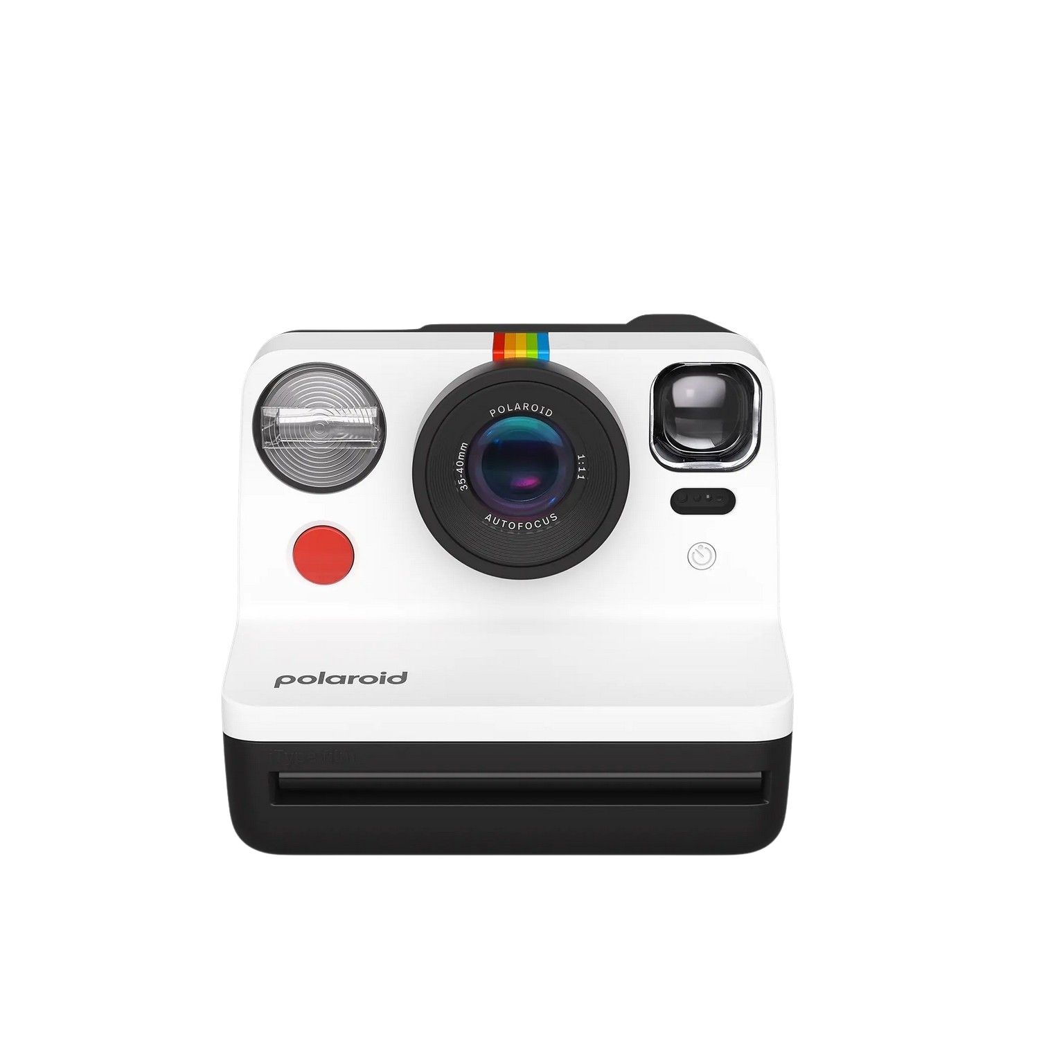 Appareil photo Polaroid blanc avec une bande arc-en-ciel sur l'objectif.