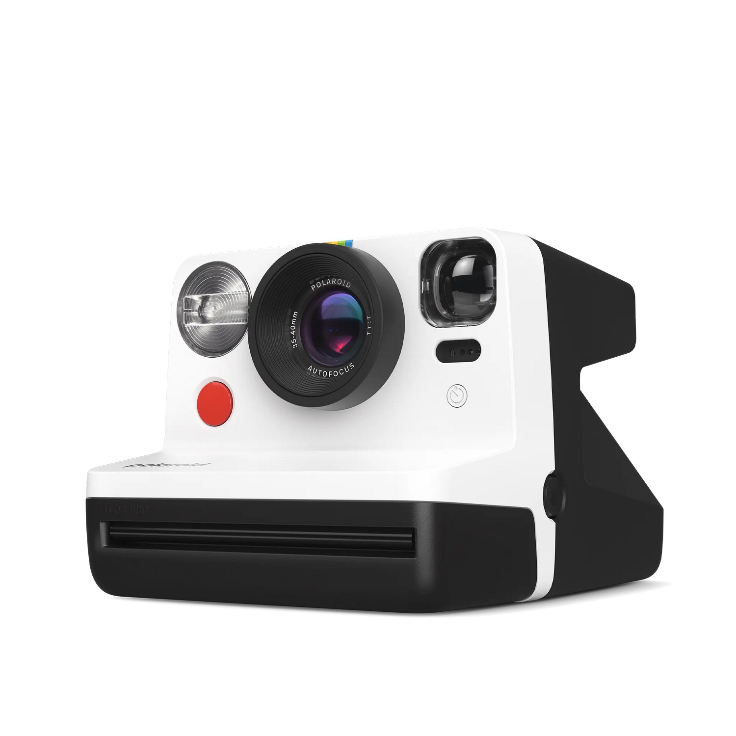 Un appareil photo Polaroid blanc avec une base noire et un flash, un bouton rouge et une lentille.