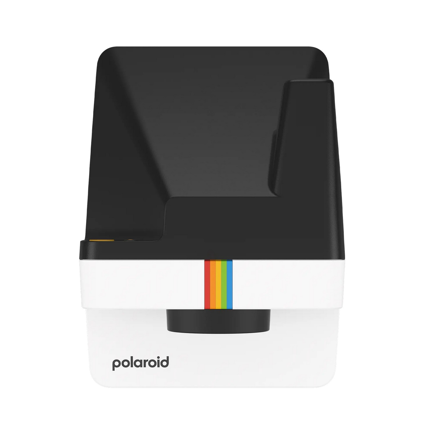 Appareil photo Polaroid, blanc et noir, avec la bande arc-en-ciel emblématique.
