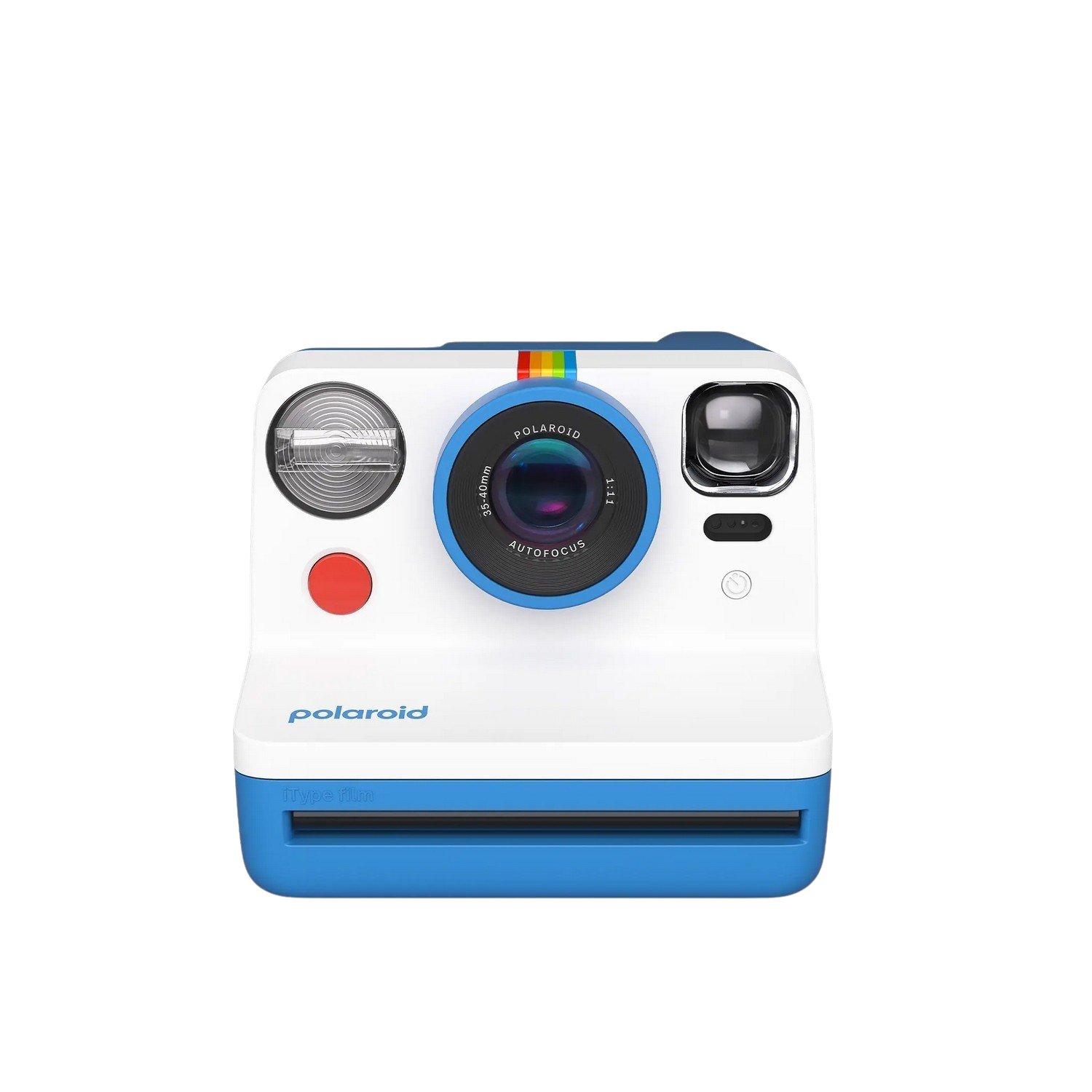 Appareil photo Polaroid blanc et bleu avec une bande arc-en-ciel et diverses fonctionnalités d'objectif.