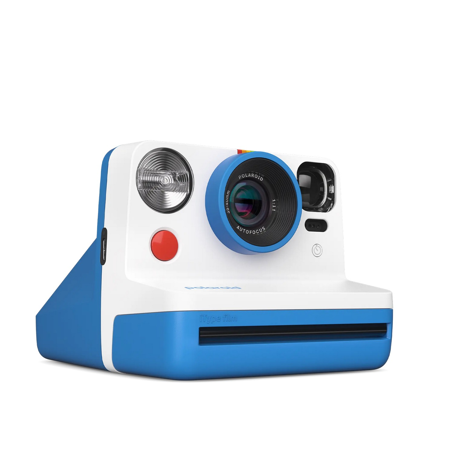 Appareil photo Polaroid blanc et bleu avec bouton rouge, flash et objectif central.