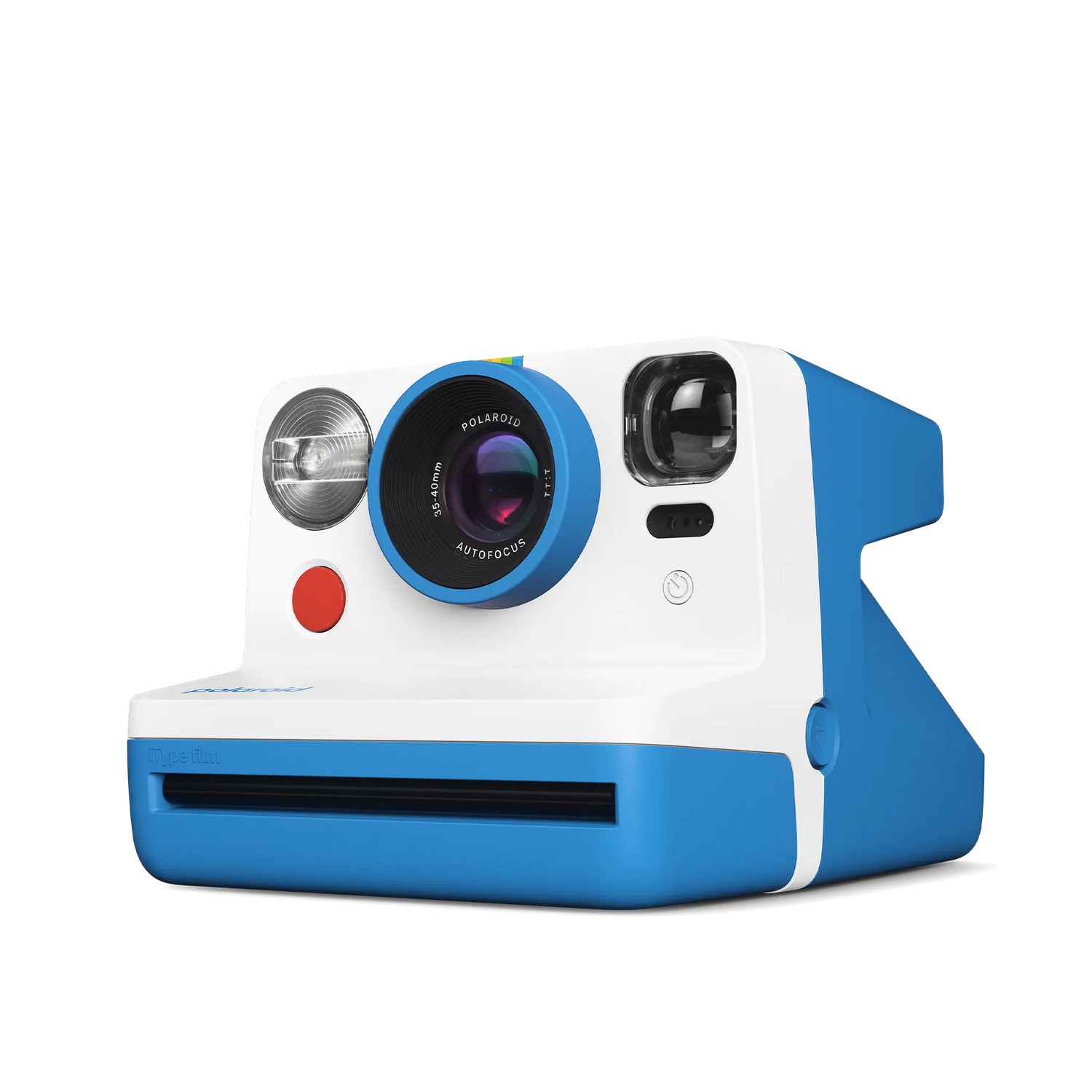 Un appareil photo Polaroid bleu et blanc avec un bouton rouge et un objectif noir.