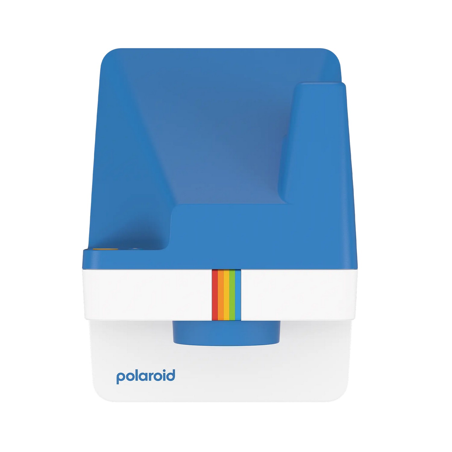 Appareil photo Polaroid, bleu et blanc, avec une bande arc-en-ciel et un logo.