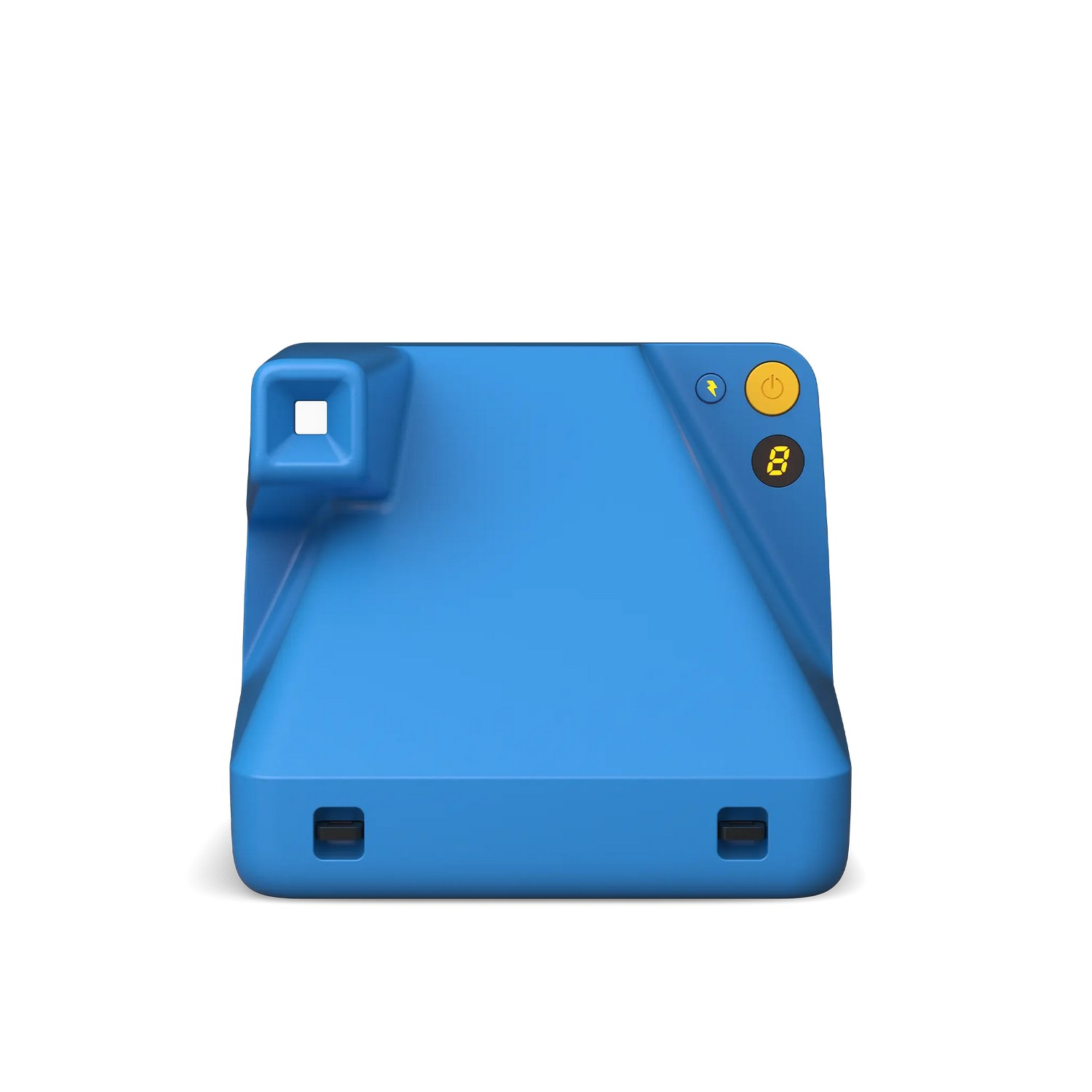Un appareil photo Polaroid bleu avec viseur et boutons, vu de dessus.