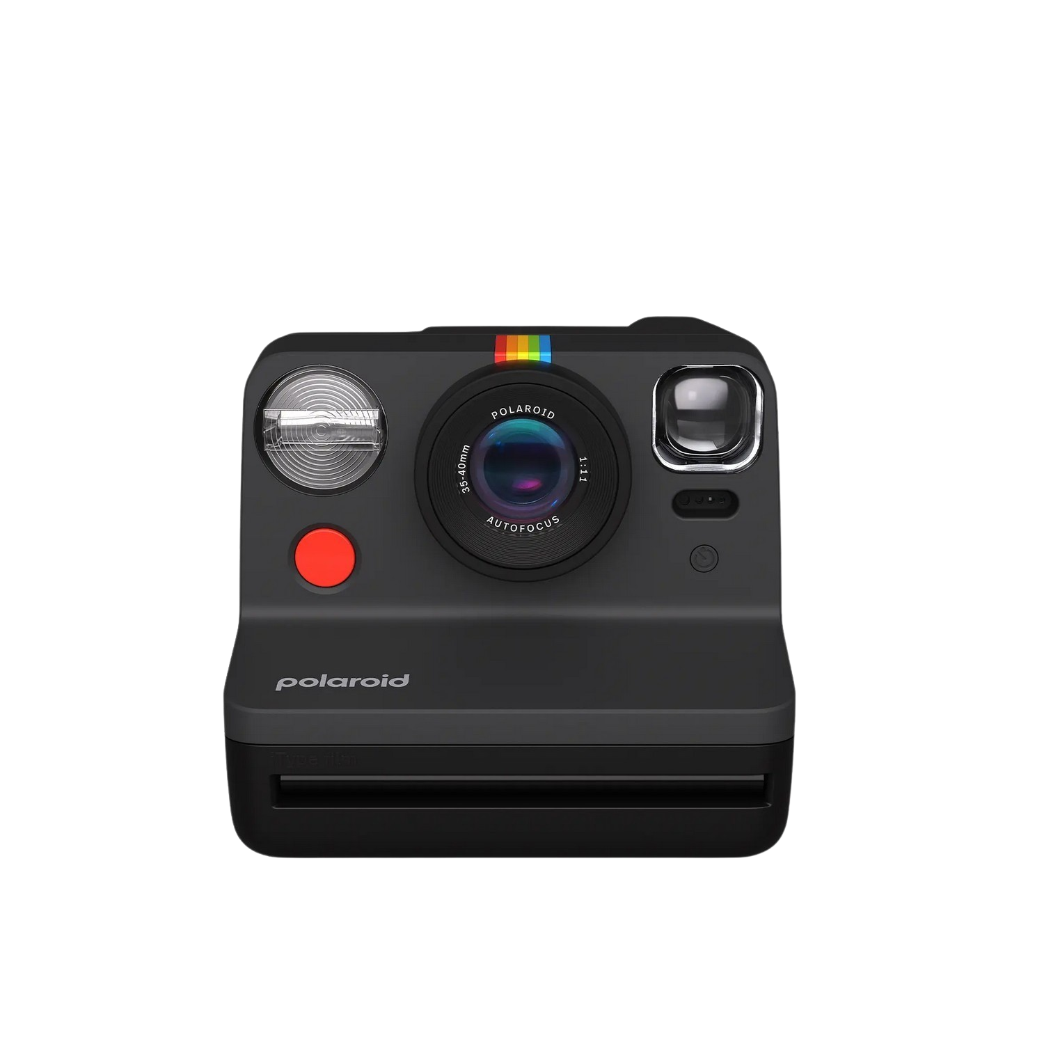 Appareil photo Polaroid noir avec un bouton rouge et une rayure arc-en-ciel sur l'objectif.