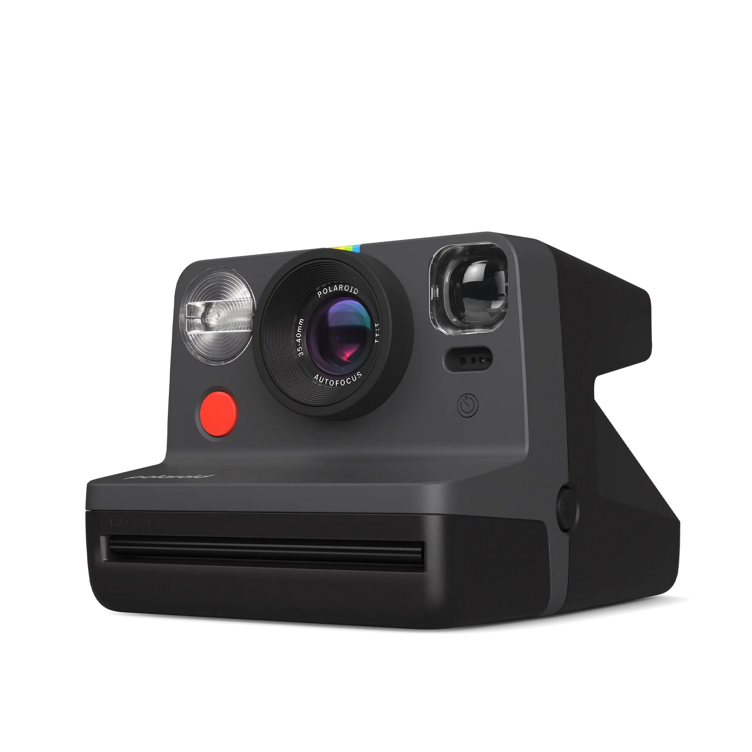 Un appareil photo instantané Polaroid Now noir sur fond blanc.