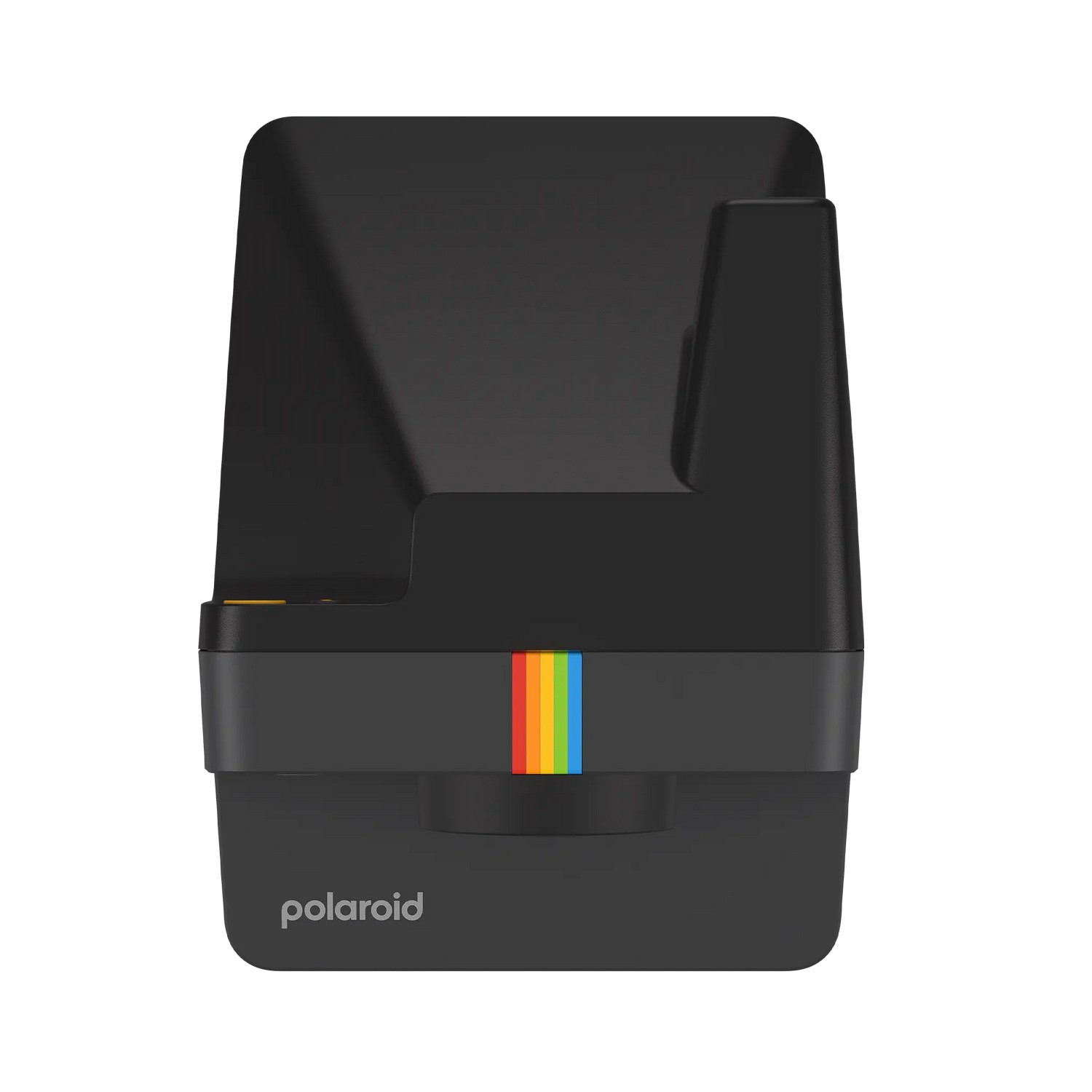Appareil photo instantané Polaroid noir avec une bande arc-en-ciel sur le devant.