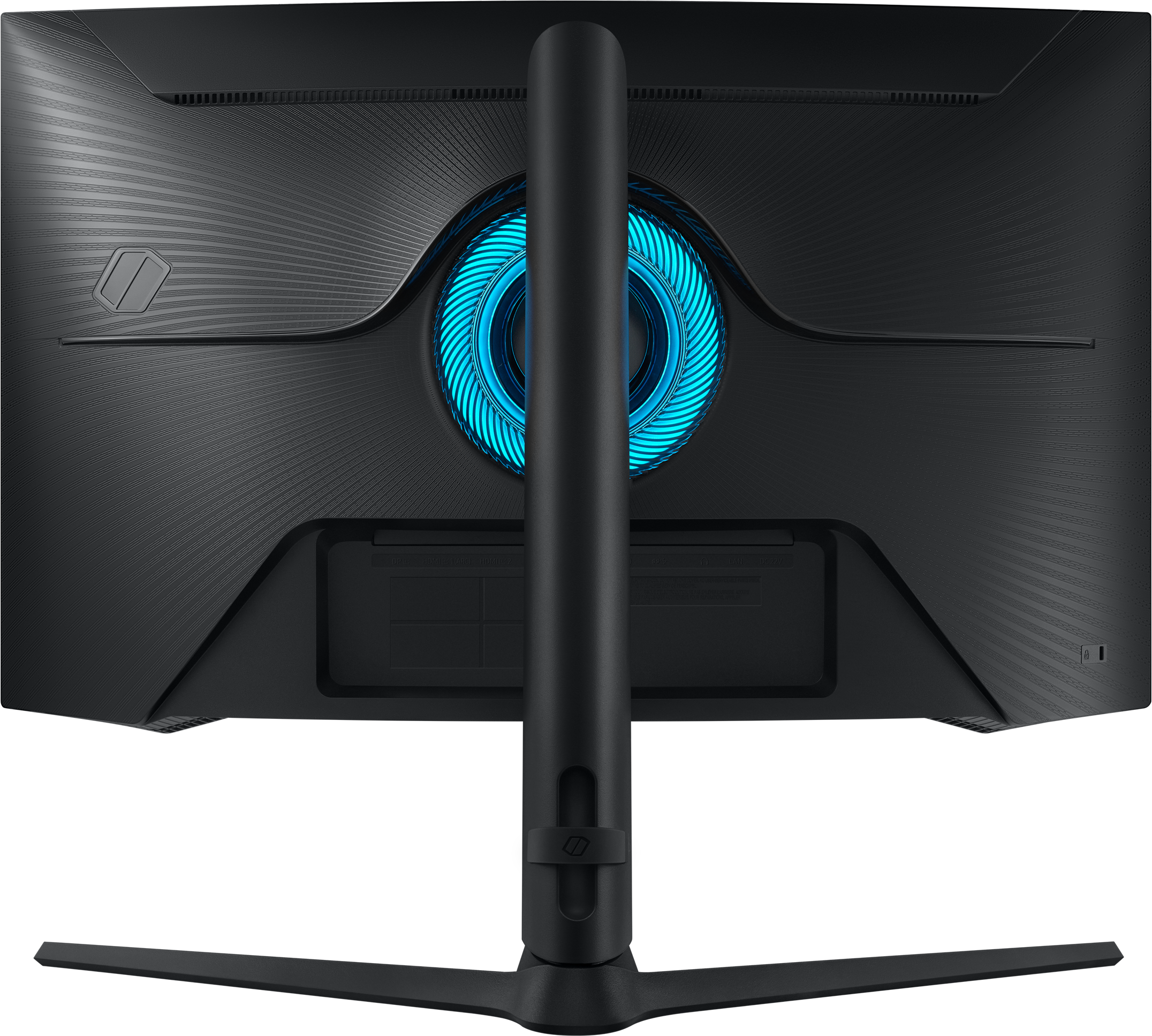 Arrière d'un moniteur d'ordinateur noir avec un anneau lumineux bleu à l'arrière.