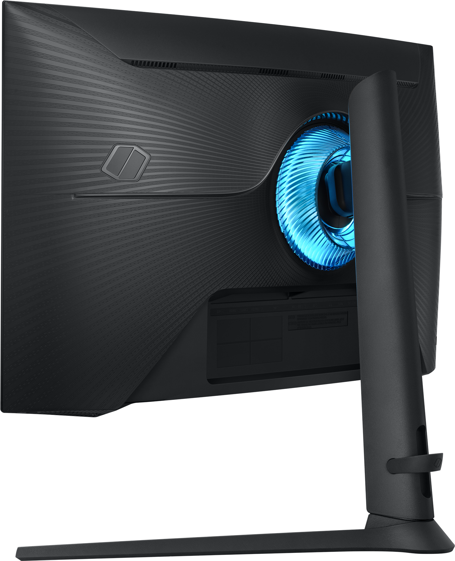 Vue arrière d'un moniteur gaming Samsung. Noir avec anneau lumineux bleu. Montre le support et quelques ports.