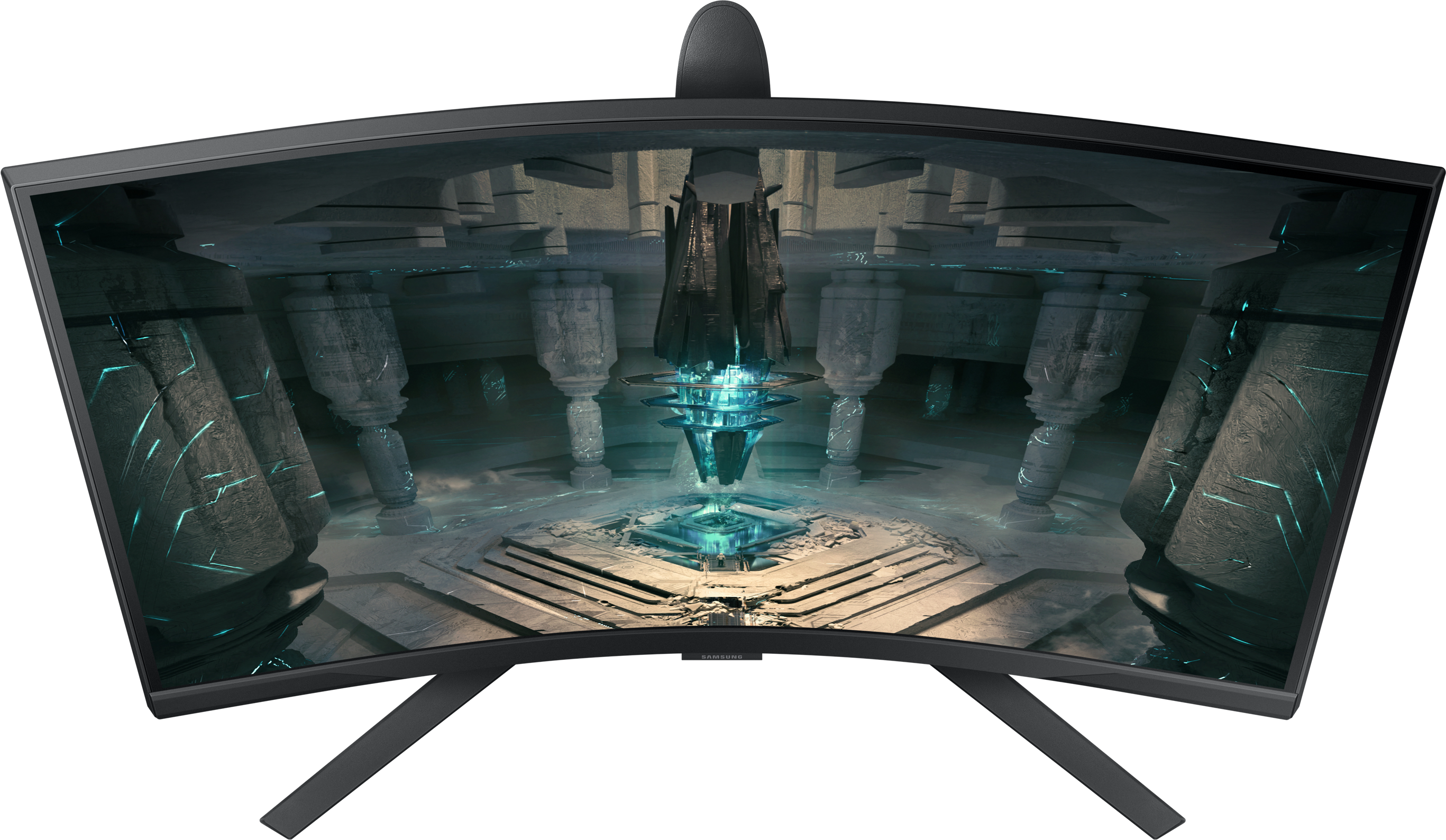 Moniteur de jeu Samsung incurvé noir affichant une scène futuriste de science-fiction.